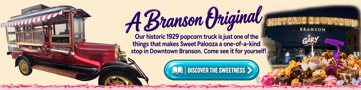 Sweet Palooza historic 1929 popcorn truck in Downtown Branson
