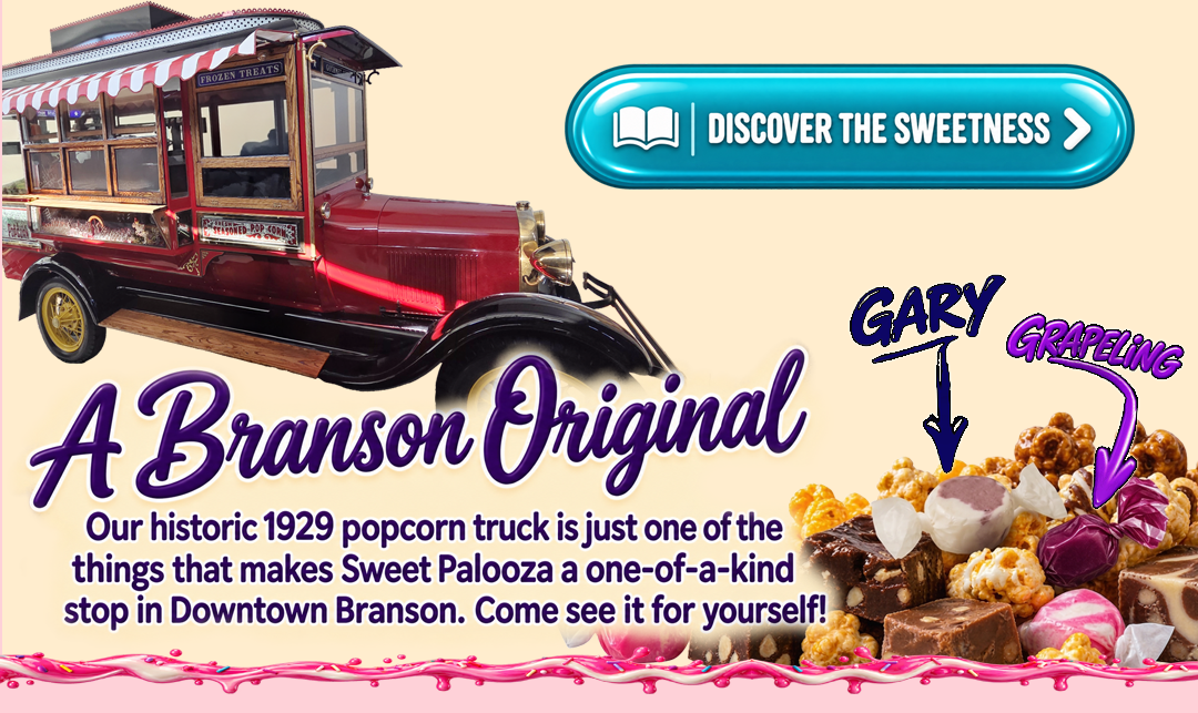 Sweet Palooza historic 1929 popcorn truck in Downtown Branson