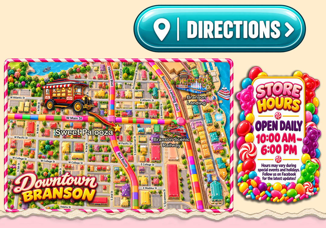 Sweet Palooza downtown Branson location map and store hours