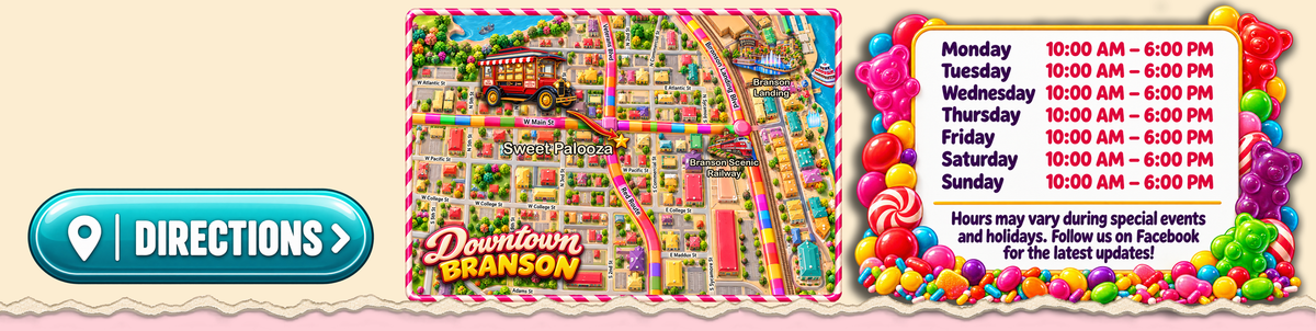 Sweet Palooza downtown Branson location map and store hours